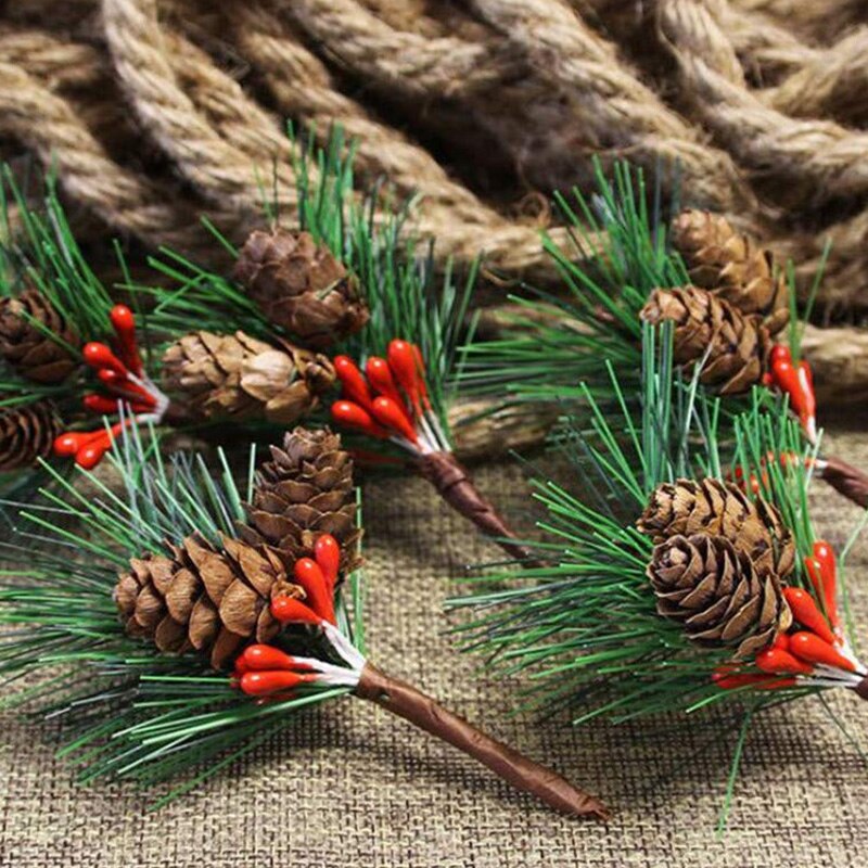 12Pcs Kunstmatige Pine Picks Kleine Nep Bessen Dennenappels Voor Wedding Garden Kerstboom Filler Decoraties