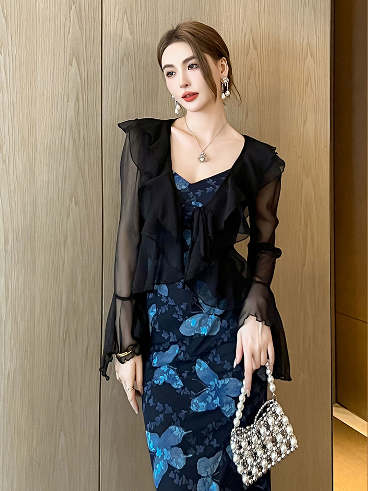 Camisa curta de chiffon elegante feminina, cardigã preto, blusas de manga flare, com renda, casaco feminino fino, férias de praia, moda doce