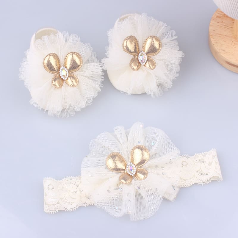 Søte blondere blomst baby pannebånd sokker sett nyfødt baby jente hårbånd turban buer perle jenter hårbånd baby hår tilbehør: beige 05