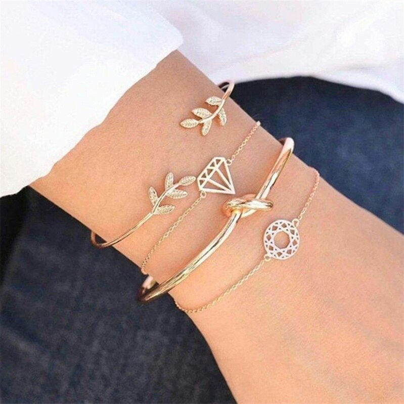 18 Styles Women Bow Leaves Cat Bangle Crystal Love Leather Pineapple Feather Open Bracelet Bohemian Accessories: 16