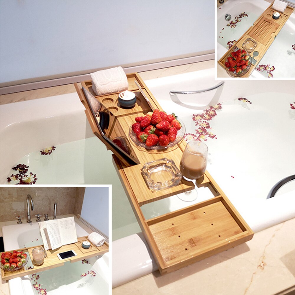 Bad Caddy Lade Bamboe Spa Bad Caddy Organisator Tabletten Houder Boek Winesreading Rack Antislip Bodem Uitschuifbare Zijkanten