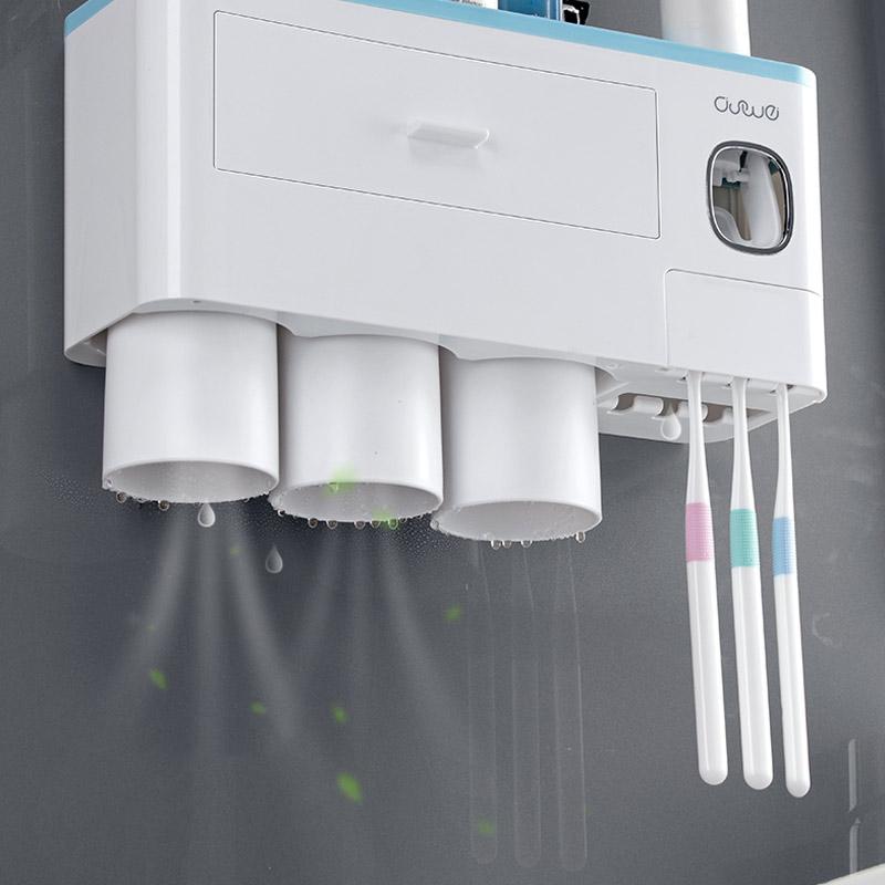 Tandbørsteholder automatisk tandpasta dispenser med kop vægbeslag toiletartikler opbevaringsstativ badeværelse tilbehørssæt