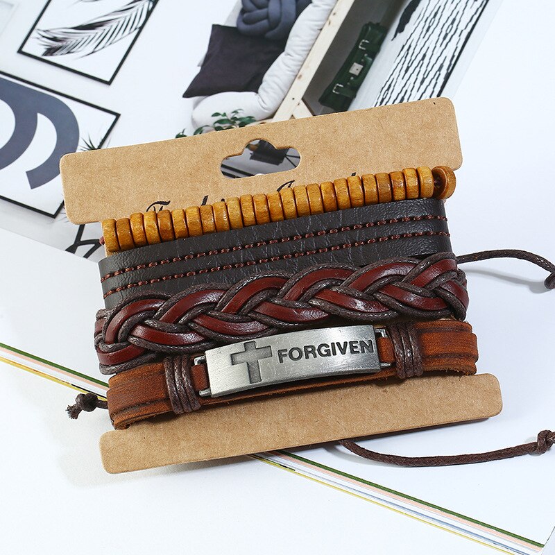 4 pçs feito à mão trançado multicamadas pulseira de couro para homens perdoados cruz wrap pulseira de jóias