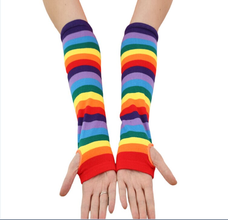 Women Ladies Rainbow Thigh High Socks Girl Arm Warmer Mitten Stretchy Gloves: Gloves