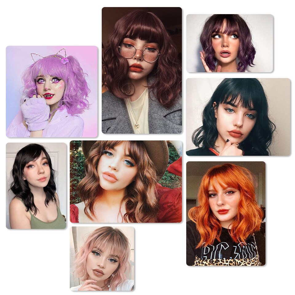 Stamped Glorious Bob Wig Black Synthetic Short Wavy Wig with Bangs Heat Resistant Fiber African American wigs for Women