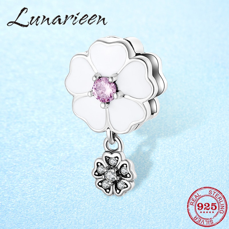 Echt 925 Sterling Zilveren Bloem Bloei Clips Kralen Wit Emaille Clear Cz Charm Fit Originele Reflectie Armband Vrouwen Sieraden