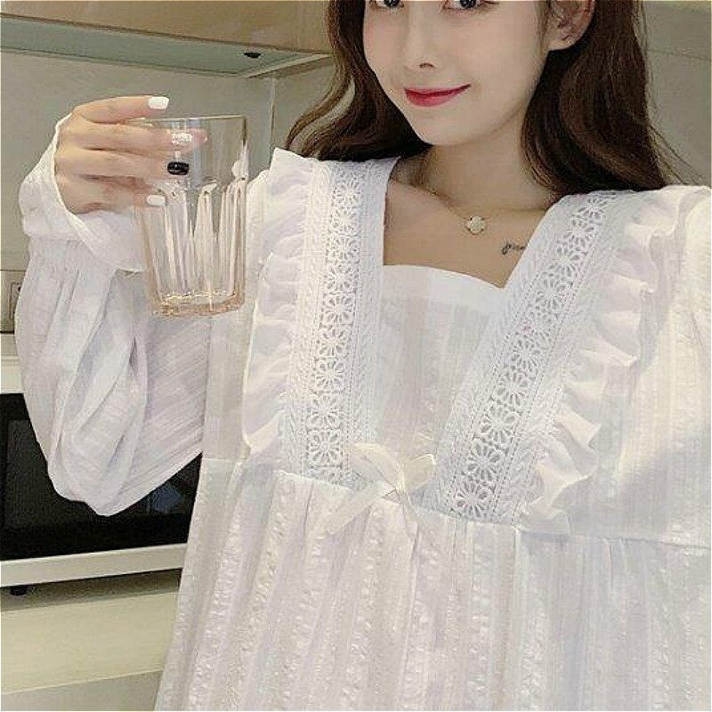 Nightgowns Women Lovely White Square Collar Spring Popular Korean Style Female Sleepwear Nightwear Newly Pure Loungewear