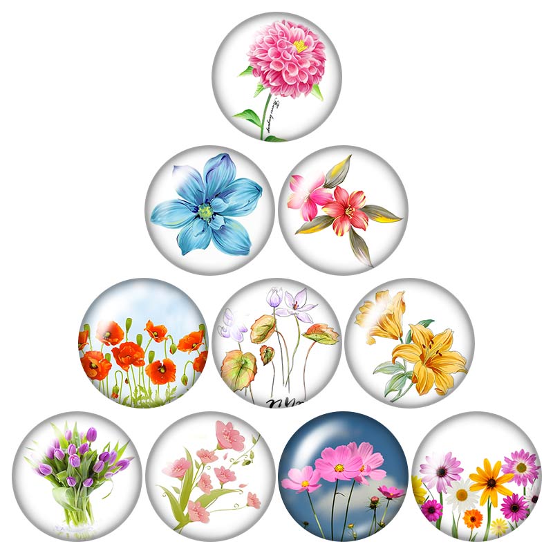 Botones a presión de 18mm con de flores, margaritas y lirios, foto redonda mixta, estilo de cabujón de cristal para joyería con botón a presión, 10 Uds.