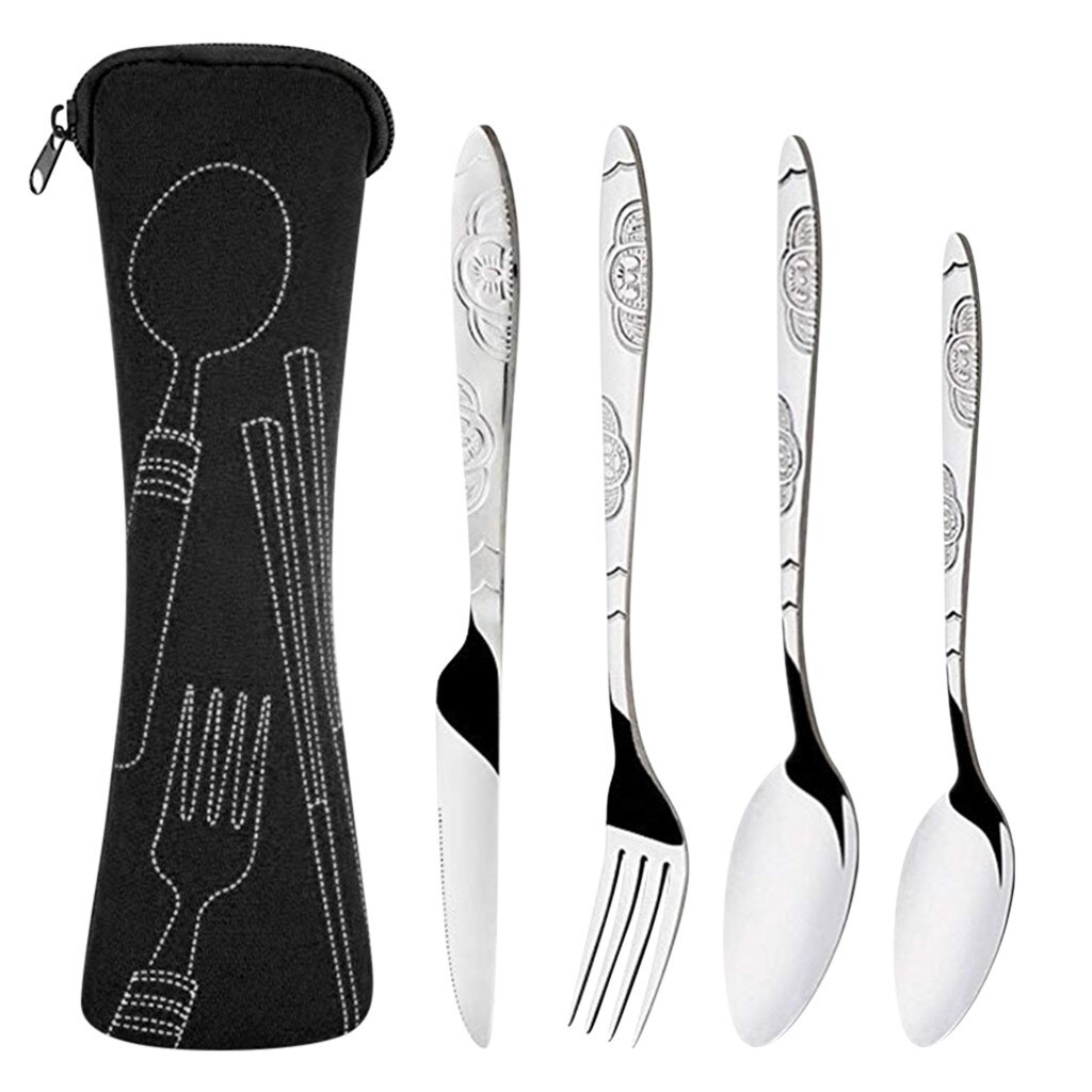 Cuchillos de acero inoxidable con forma de tenedor, cuchara para viajes en familia, Cubiertos para acampar, vajilla portátil para exteriores, Cubiertos de acero inoxidable: Negro