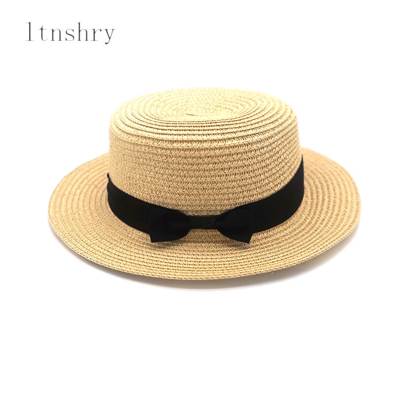 eenvoudige Zomer Vrouwelijke Casual Panama ouder-kind Strand Hoed Dame Vrouwen Platte rand Strik Stro cap glris zonnehoed