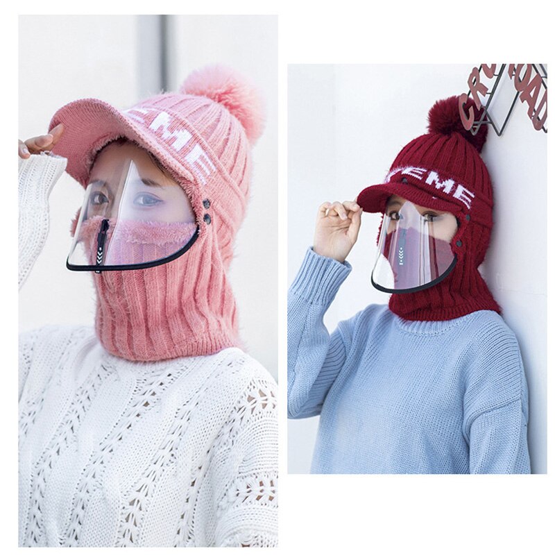 Bonnet écharpe avec masque Transparent pour femme, couvre-visage, casquette chaude, pour le sport, Halloween, hiver