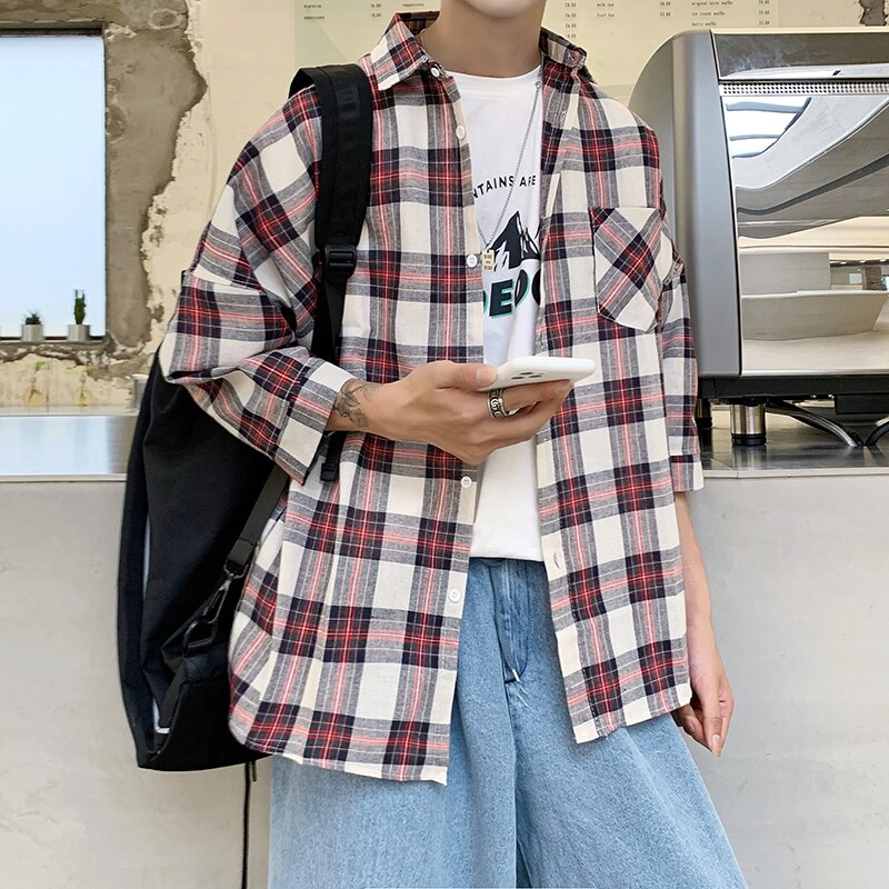 Harajuku-camisas a cuadros para hombre, ropa de calle masculina, sencilla, informal, holgada, de tres cuartos, combina con todo, estilo coreano