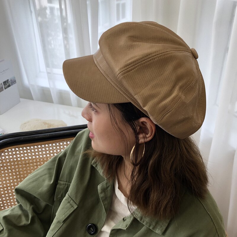 Leather Vintage Berets Painter Hat Autumn Winter Caps Male Female Casual Solid Color PU Leather Octagonal Cap