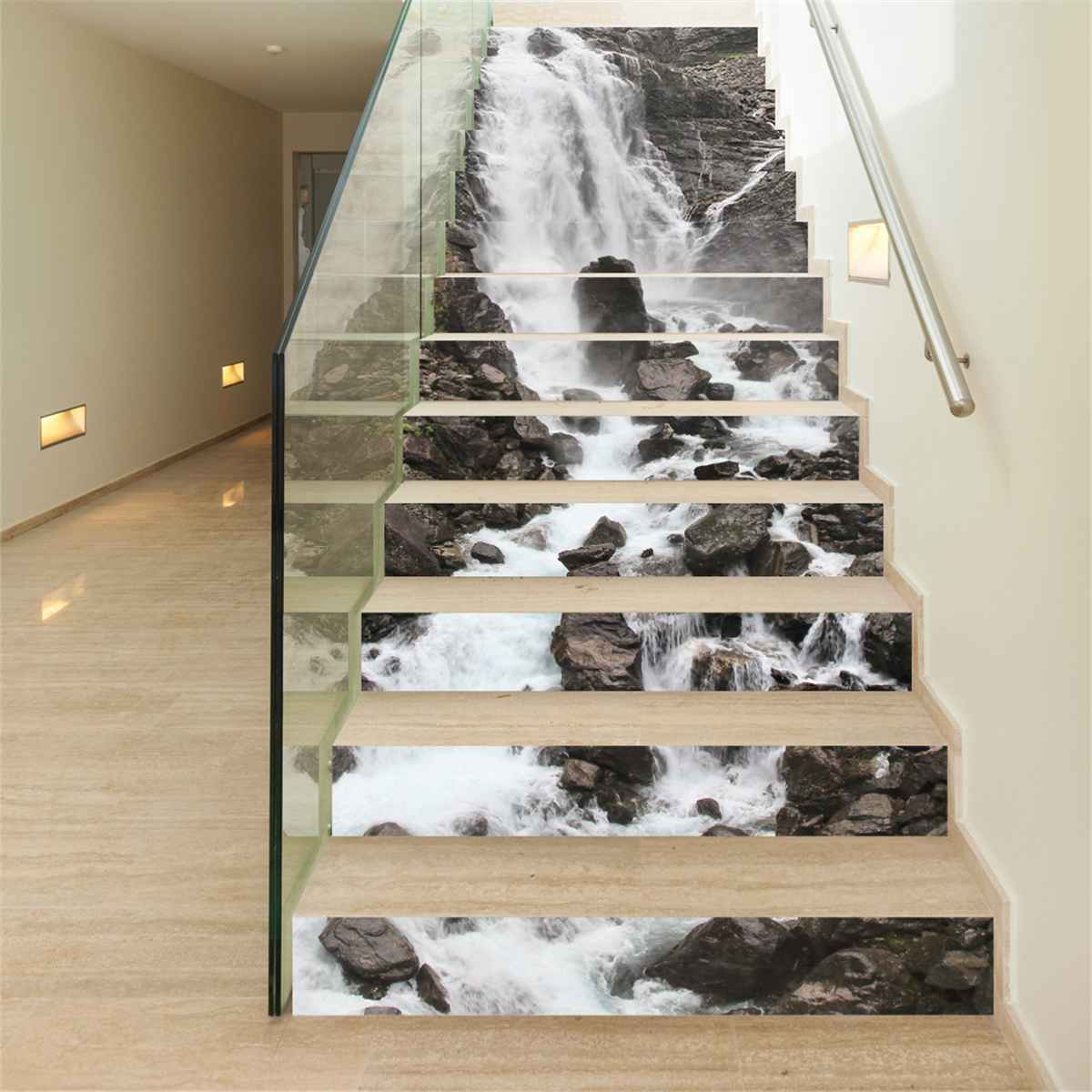 13pcs/set 3D Waterfall and Stone Stair Riser Floor Sticker Self Adhesive DIY Stairway Waterproof Eco PVC Wall Decal Home Decor