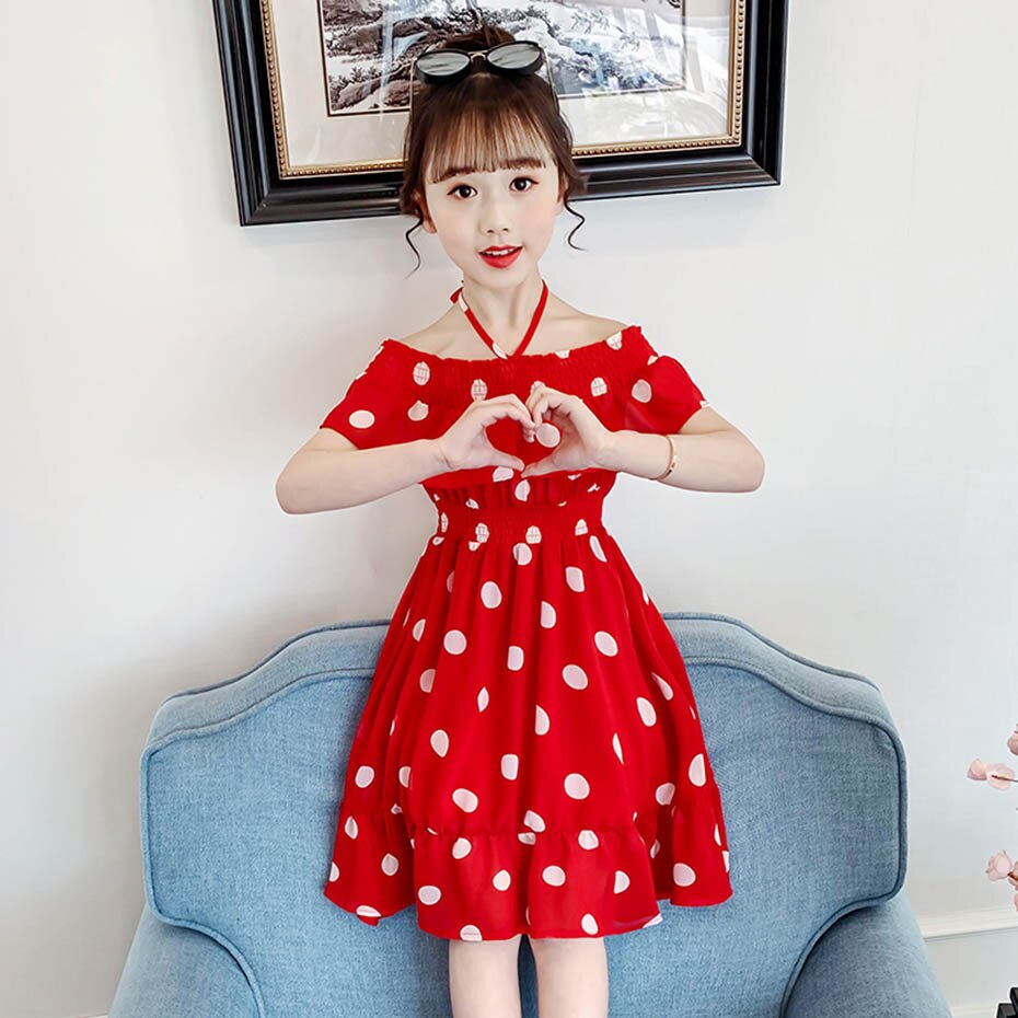 Vestito Da estate Della Ragazza Grande Dot Dress Per La Ragazza Shoulderless Vestito Da Partito Del Bambino Coulisse Abbigliamento Per Bambini 6 8 10 12 14: 6