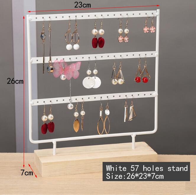 Earrings Stand Jewelry Display Earrings Holder Jewellery Storage Wooden Base Metal Ear Studs Pendant Rack: white 57 holes