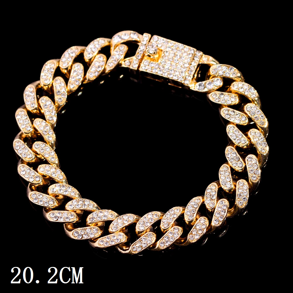 Mode Bling Verharde Rhinestone Prong Cubaanse Ketting Armband Voor Vrouwen Mannen Hip Hop Iced Out Chunky Link Chain Armbanden sieraden: 012701GD