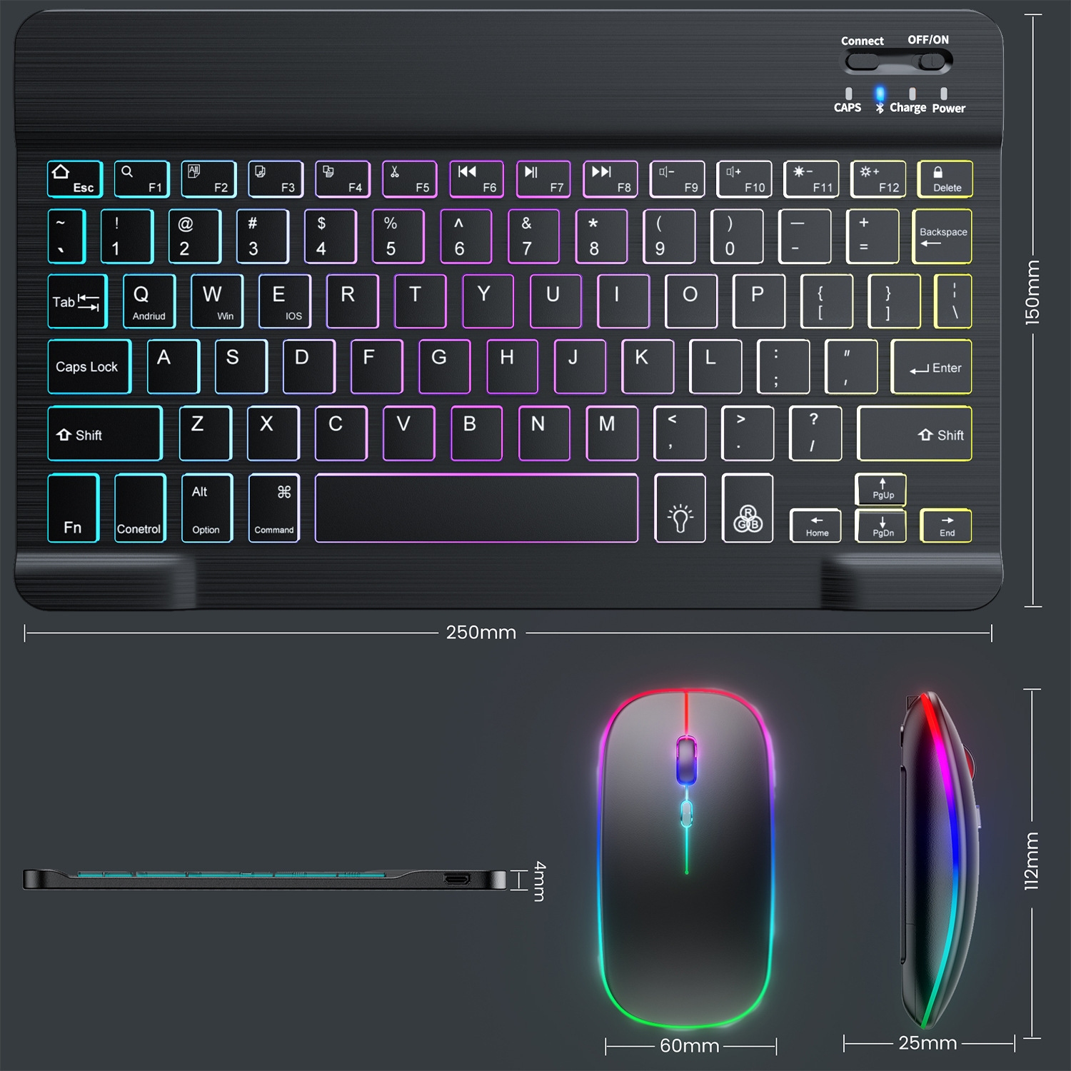 Wireless Backlight Bluetooth Keyboard Suitable Ipad Mobile Phone Tablet RGB Three-color Gradual Change Luminous Keyboard Mouse