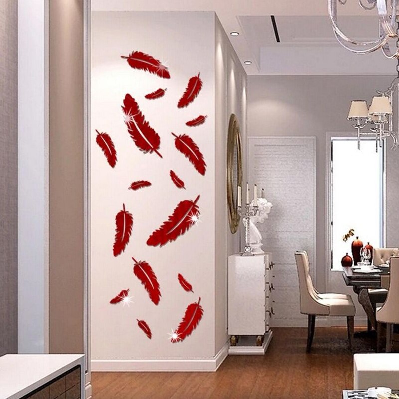 3D Mirror Wall Sticker Feather DIY Art Mural Home Room Decor Acrylic Decals: Red