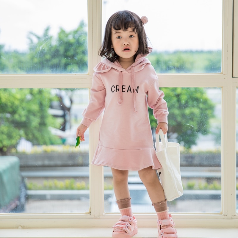 6New Autumn 1-7T Baby Girl Clothes Lovely Toddler Girl Dress Casual Long Sleeve Letter Printing Hoodie Kids Hooded Dress