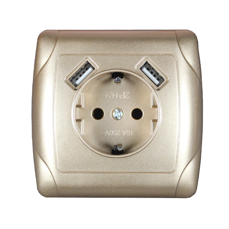 USB Wall Socket phone charger Double USB Port 5V 2A Usb pared prise electrique prise usb murale steckdose F01: gold color