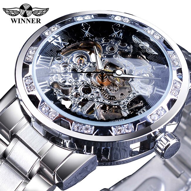 Winnaar Classic Blue Mens Mechanische Horloges Romeinse Zwart Roestvrij Stalen Band Rhinestone Skeleton Hand Wind Bedrijvengids Horloge Klok: S1089-6