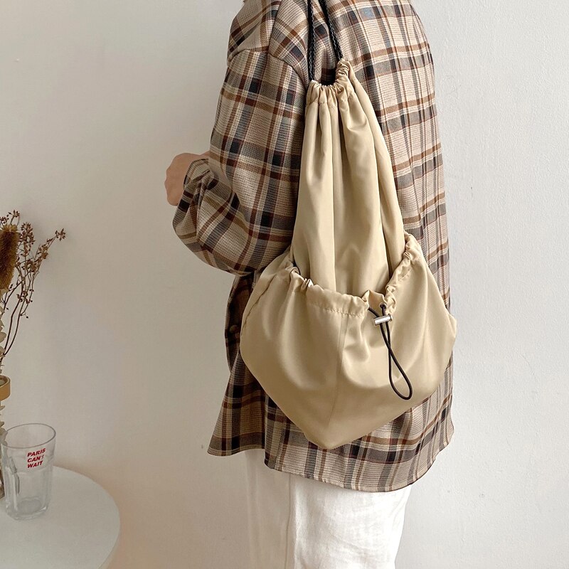 Casual nylon kvinner vesker kvinnelige midtre snøring håndveske dame enkelt skulder veske ungdom multifunksjon veske tote bags: Khaki