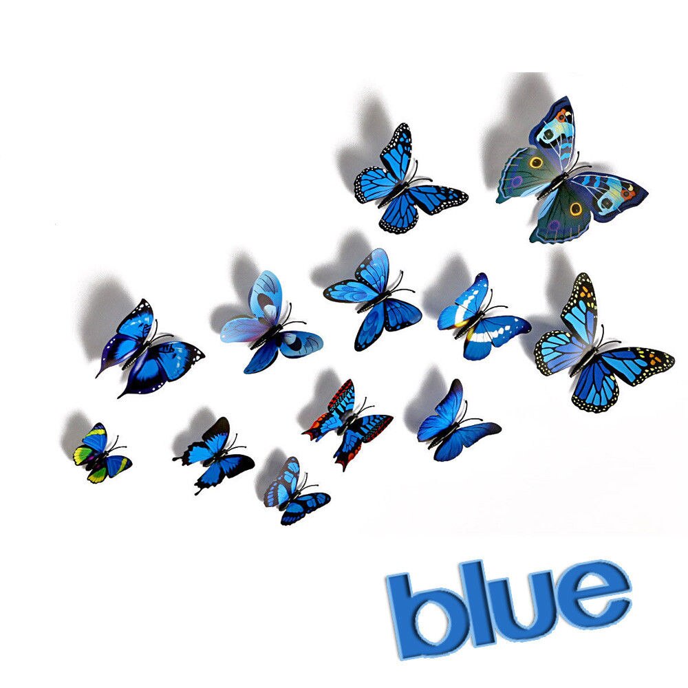 12Pcs 3D Butterfly Wall Decals Removable Sticker Kids Art Nursery Magnets Decor: Blue