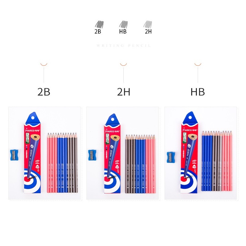 Marco 12 Stks/doos Standaard Potlood Met Puntenslijper Hb 2H 2B Veilig Materiaal 3 Kleur Lichaam Natuur Hout Driehoek Potloden voor Schrijven