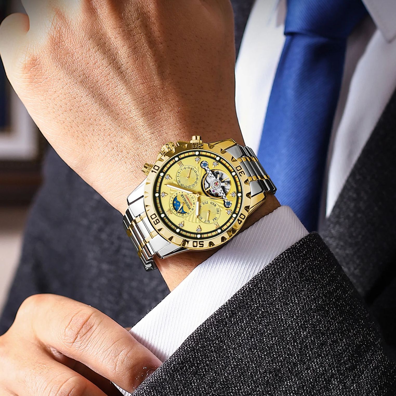 POEDAGAR-Montre de Luxe à Tourbillon Creux pour Homme, Accessoire Étanche, Mécanique et existent, en Acier Inoxydable, avec Date et Semaine