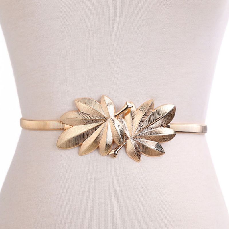 Vrouwen Bridal Skinny Tailleband Maple Leaf Vorm Metalen Gesp Glitter Effen Kleur Elastische Jurk Riem Cummerbunds Goud/Zilver