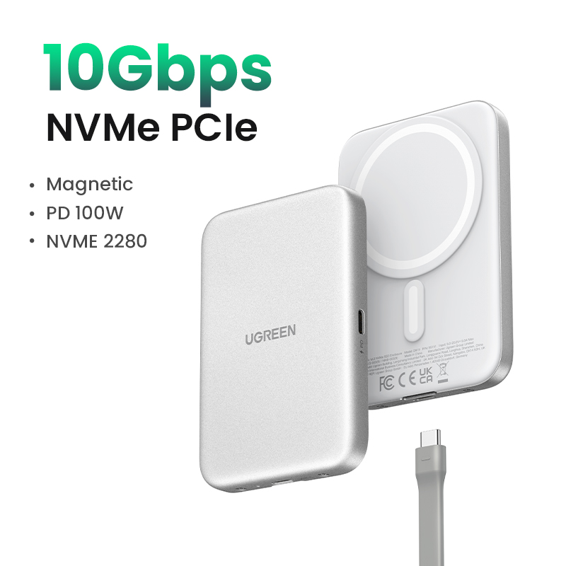UGREEN Magnetic M.2 NVMe 2280 SSD Enclosure Magsafe SSD Case USB C 3.2 Gen2 to NVMe PCI-E for iPhone 16 Pro Max ProRes: Default Title