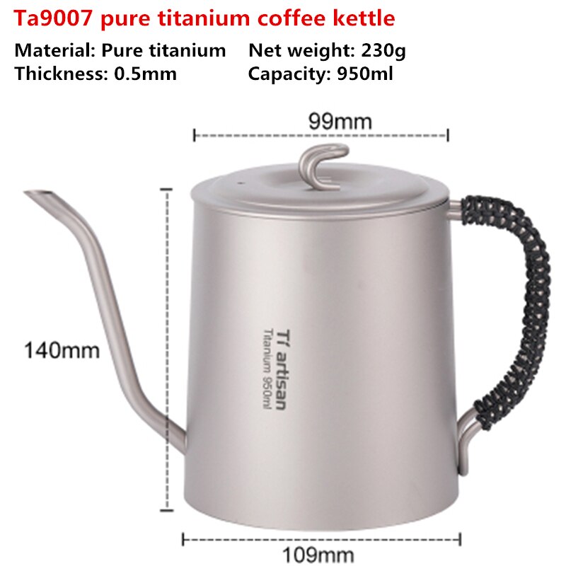 950 ml longo bico estreito chaleira gotejamento de titânio chaleira de gotejamento de mão derramar sobre café e chá pote com tampa de titânio