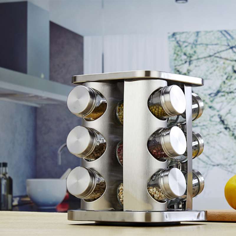 de caja de condimentos rotatoria, bote para sal de acero inoxidable, tarro de condimento de vidrio, caja de suministros de cocina condimentos, temporada