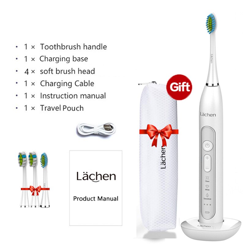 Lachen T8B Powerful Sonic Electric Toothbrush 9 Modes Rechargeable Adult Tooth Brush 2 Min Timer Toothbrushing w/ Charging Base: White