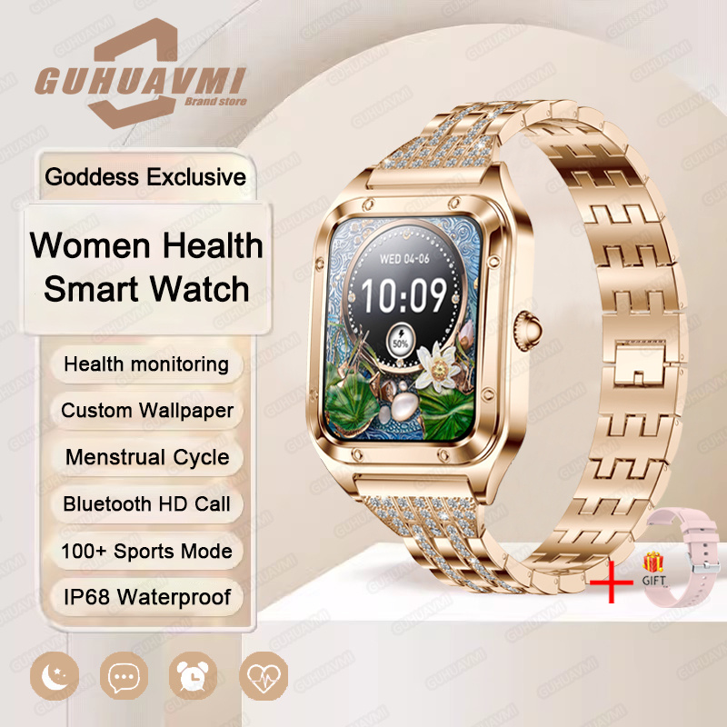 Reloj inteligente ultrafino de lujo para mujer, pantalla completamente táctil, frecuencia cardíaca, resistente al agua, rastreador de actividad/deporte, 2024: Oro