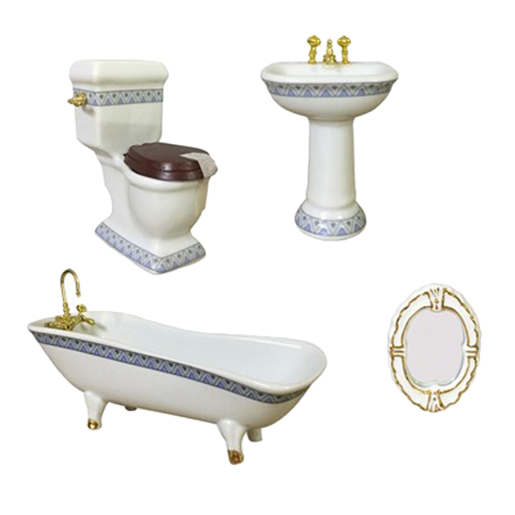 1:12 Miniature Bath Accessory Bathtub Toilet Sink Mirror, 4-Piece Dollhouse Bathroom Accessories, Dollhouse Decorations Kit