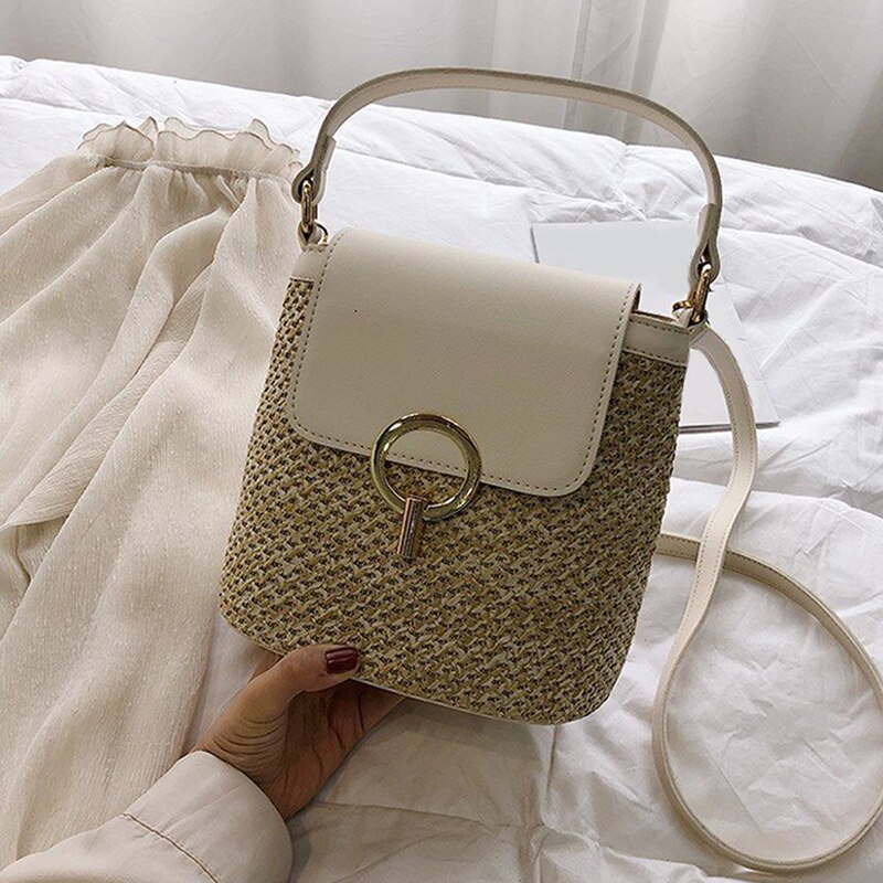 Kleine Stroh Eimer Taschen Für Frauen Sommer Umhängetaschen Dame Reise Geldbörsen Und Handtaschen Weibliche Schulter Einfache Tasche: Weiß