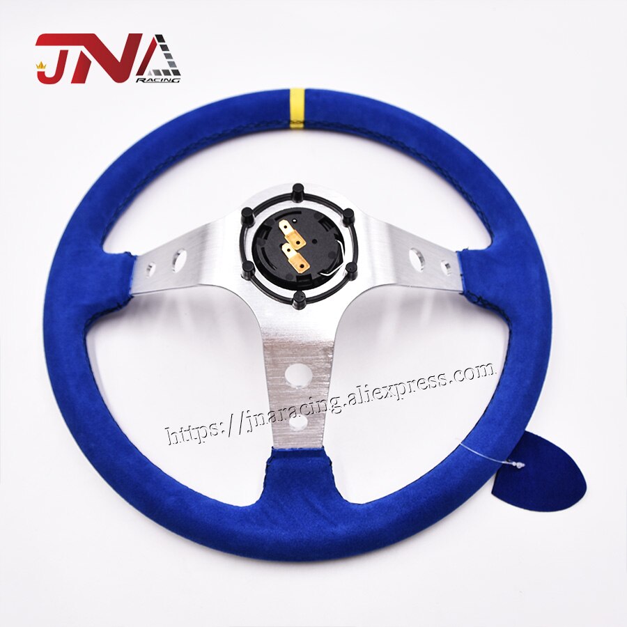 Universal Blue JDM Suede Leather steering wheel with Horn Button & Aluminum Spoke turning wheel