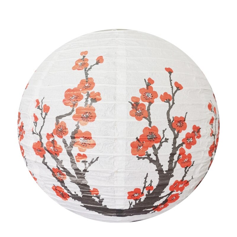 T84E Red Cherry Flowers Paper Lantern White Round Chinese Japanese Paper Lamp for Home Wedding Party Decoration