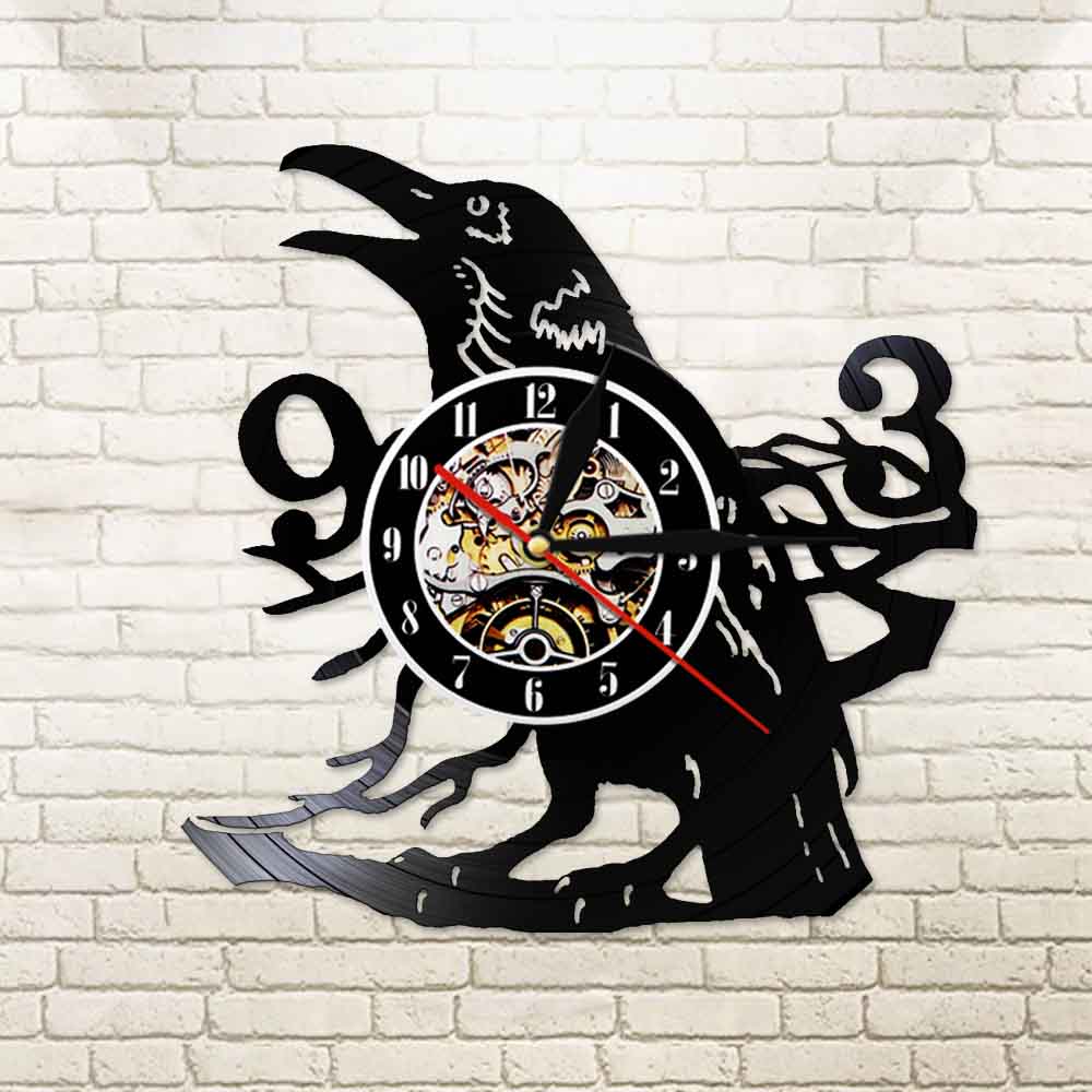 Sooty Raven Wall Clock Howling Art Decorative Modern 3D Quartz Watch Vinyl Music Record Timepiece LED Lighting Night Lamp