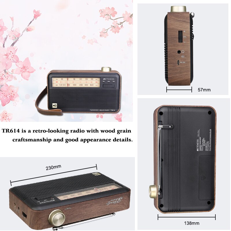 RETEKESS TR614 retrò Radio portatile FM/MW/SW per supporto per anziani cavo di ricarica USB per cuffie da 3.5mm con antenna retrattile