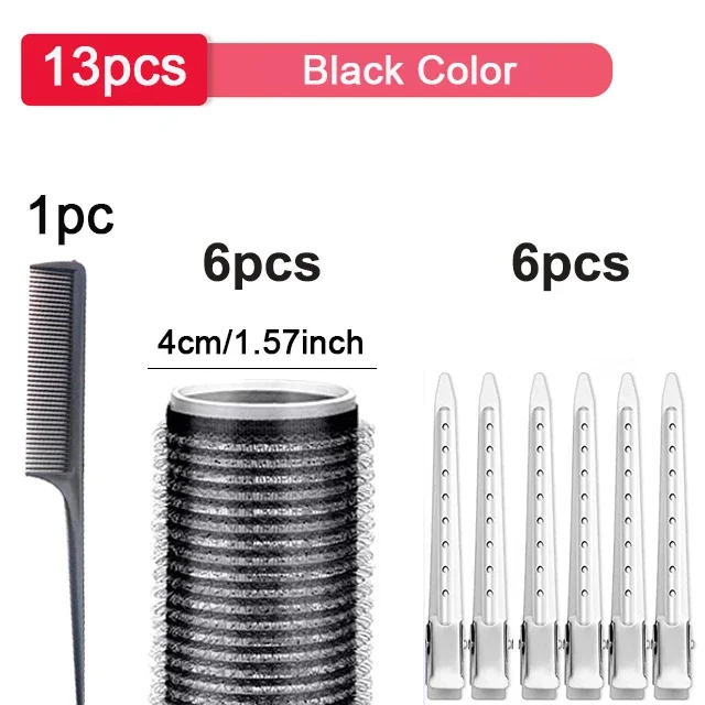 Bigoudis auto-agrippants noirs, pas de chaleur, boucles sans chaleur, frange, crochet auto-adhésif, outils de coiffure bricolage, volume, 13 pièces: Black