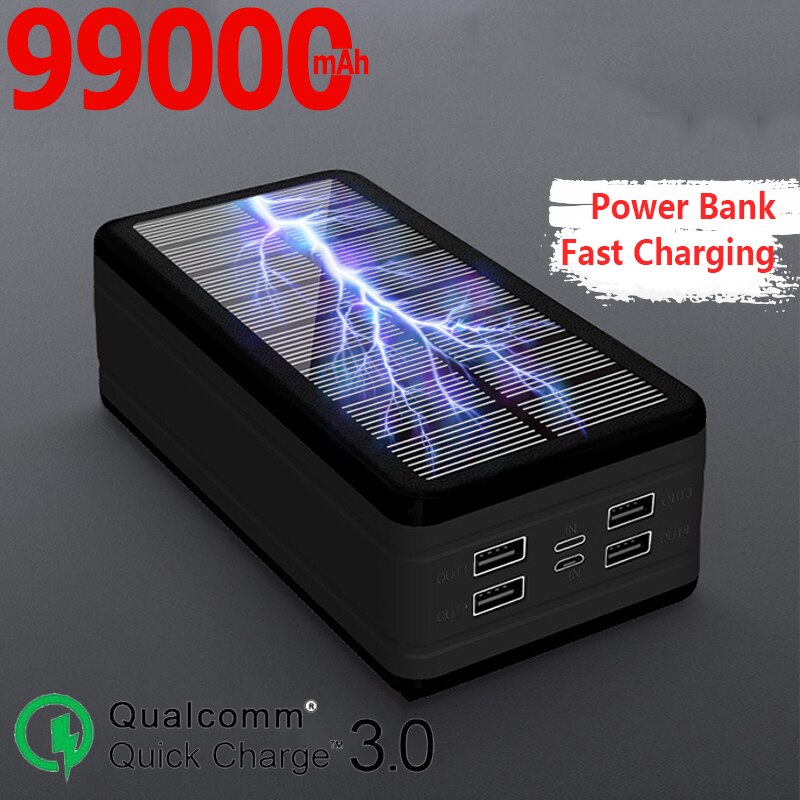 Solenergi bank bærbar oplader stor kapacitet 99000 mah udendørs vandtæt ledet poverbank til iphone xiaomi samsung: Sort