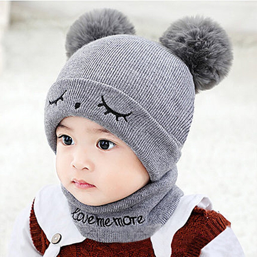 Brand Newborn Baby Kids Girls Boys Winter Warm Knit Hat Furry Balls Pompom Solid Warm Cute Lovely Beanie Cap: Gray