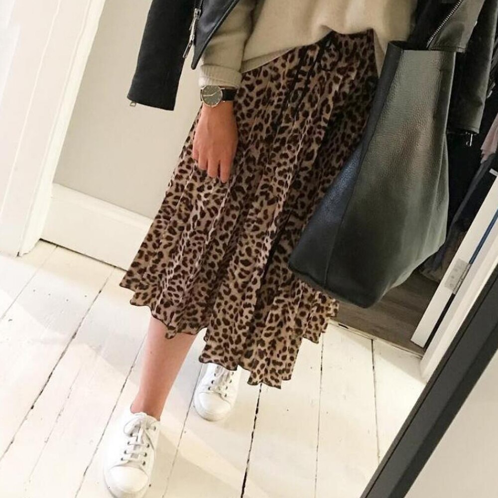 Jocoo jolee kjol kvinnor leopardmönstrade veckade kjolar vintage dragsko elastisk midi midikjolar casual koreansk a line kjol