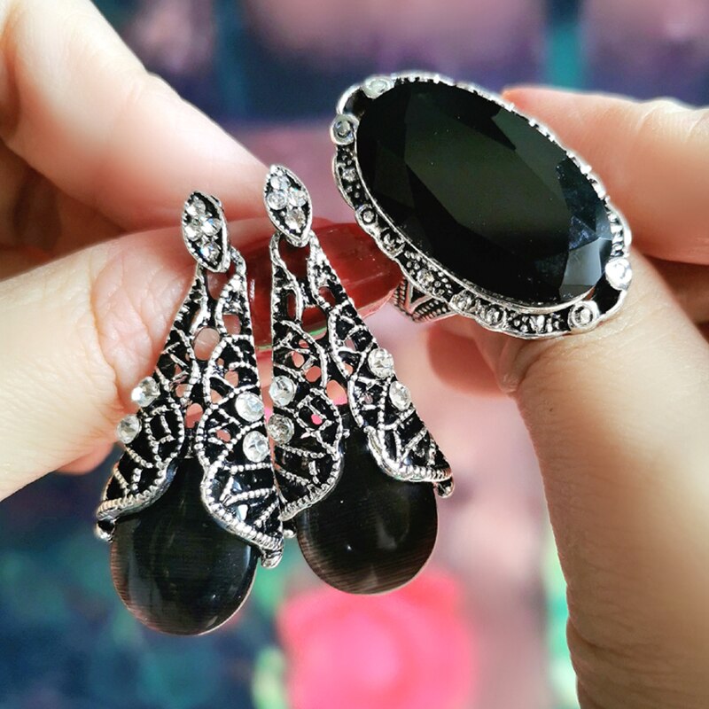 Leeker Vintage Zwart Acryl Grote Ring En Opal Earring Antiek Zilver Kleur Vrouwen Sieraden Sets Voor Party ZD1 LB4