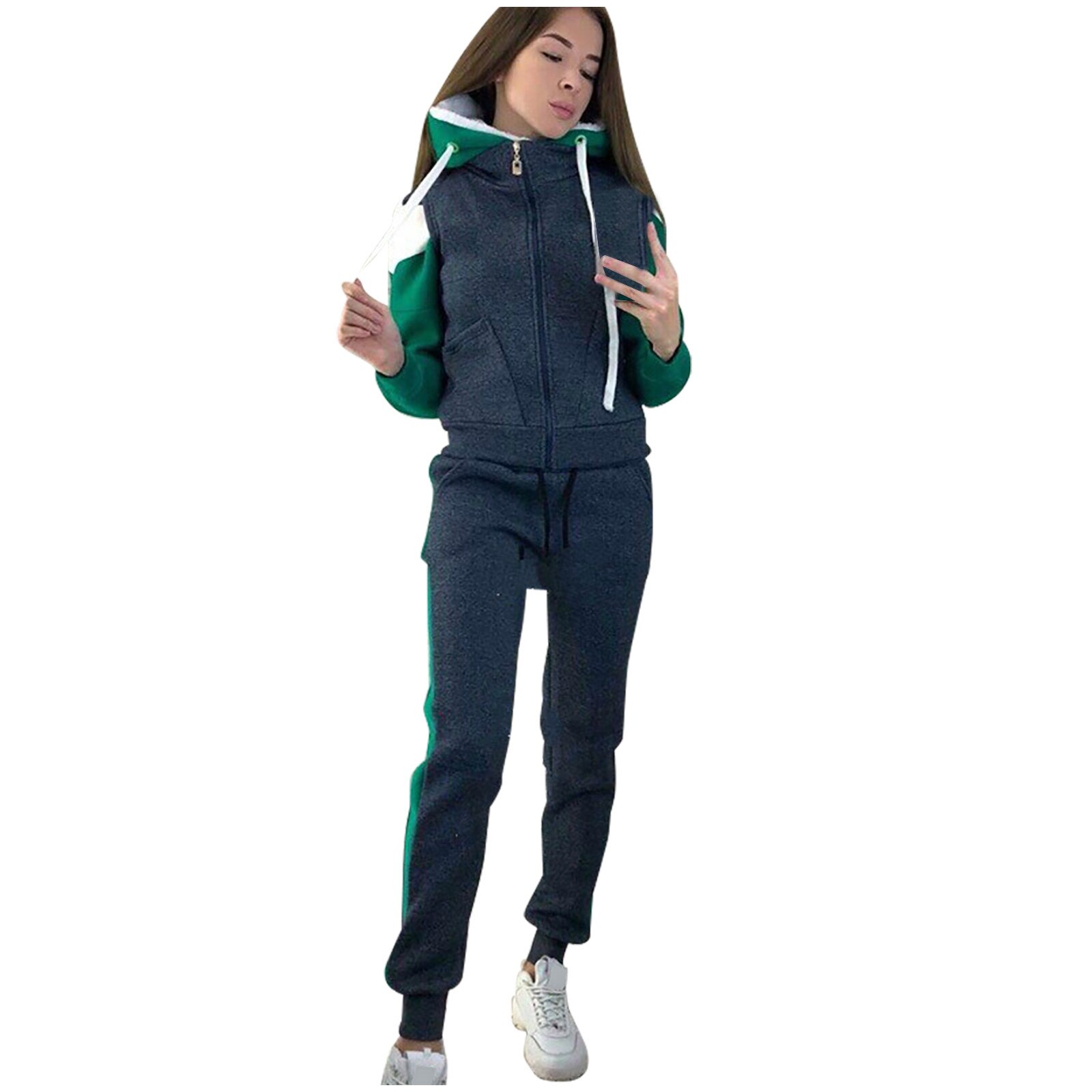 Survêtement de sport femmes sport polaire à manches longues grande taille imprimé sweat à capuche pantalon sport costume haut & pantalon tenues costume: green / S