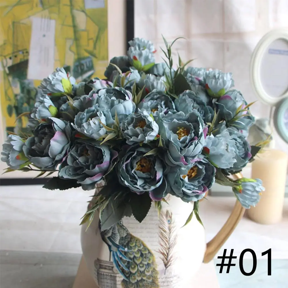 5 cores grupo europeu flor artificial 6 cabeças peônia falsa natal noiva casamento pequena peônia flores de seda casa decorativa: Azul