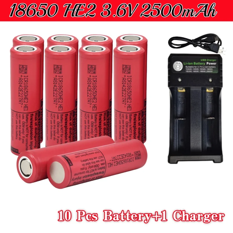 18650 HE2 Akumulator 3,6 V 2500 mAh ICR18650-HE2, używany do różnych produktów elektronicznych, zabawek Z ładowarką USB: Srebrny